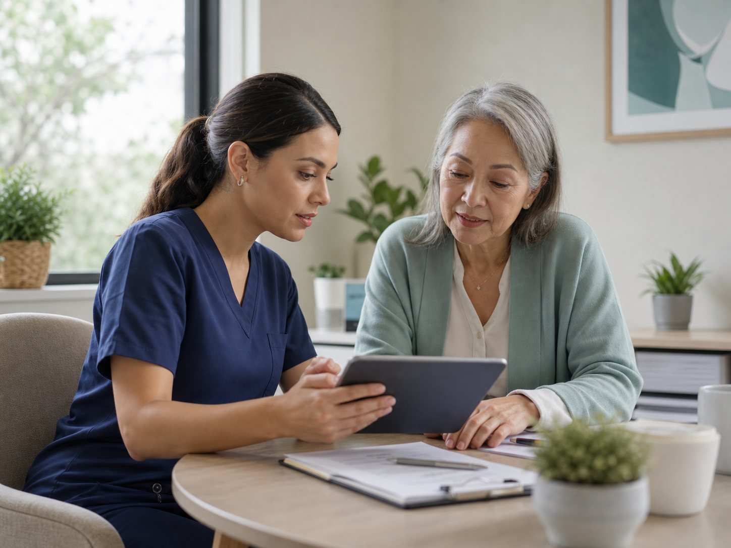 Caregiver coordinating elderly care updates on a tablet